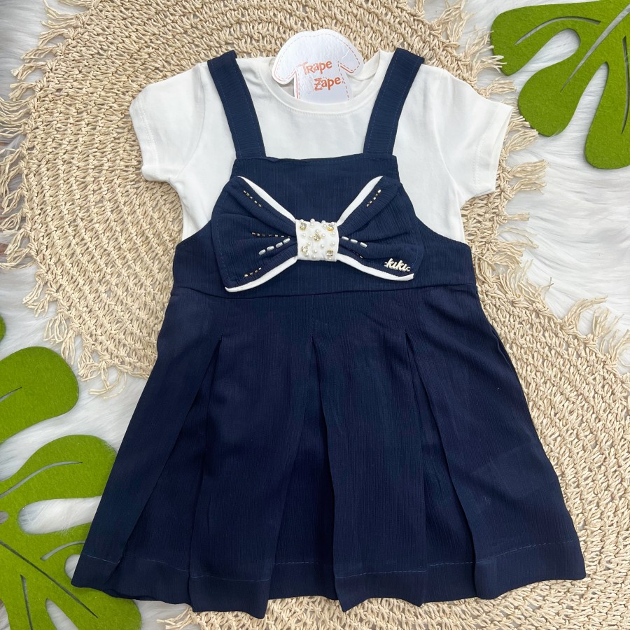 Conj. Blusa e Salopete Laço e Pedras Marinho e Branco